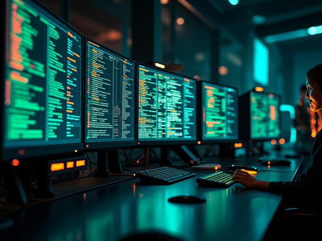 Laboratorio de ciberseguridad con múltiples pantallas mostrando análisis de amenazas